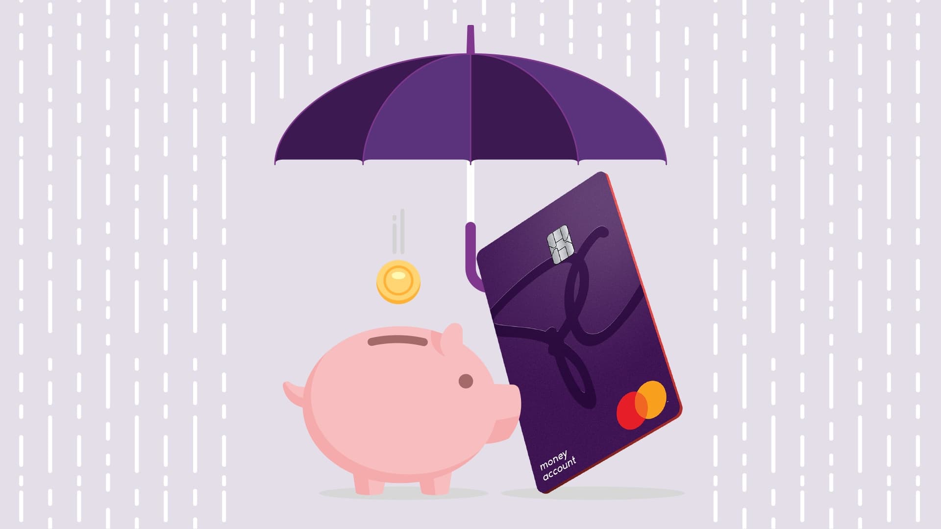 Image of a PC Money Account card holding an umbrella over a piggy bank on a rainy day.