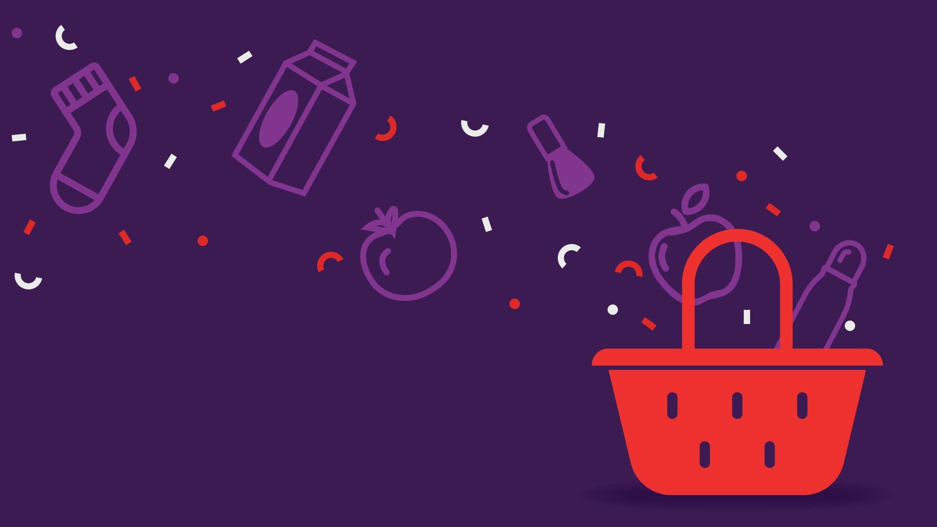 Red basket on velvet background including essentials and confetti flowing into basket.