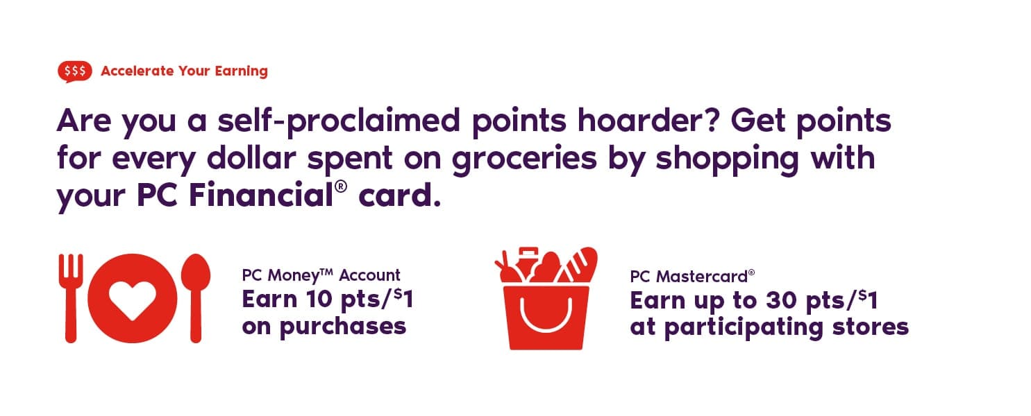 a promotional banner showing how to earn pc points when paying for groceries with your pc financial card
