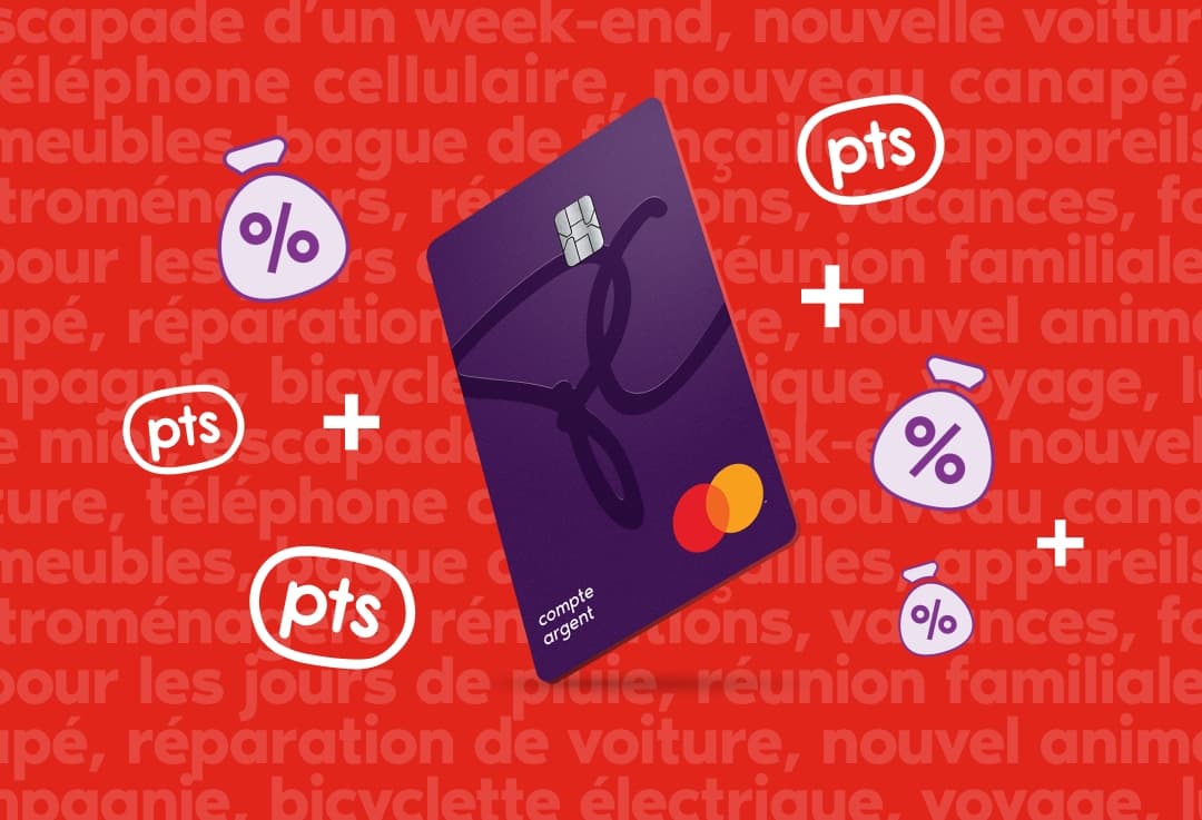 Une carte de compte PC Argent entourée de sacs d’argent animés avec des symboles de pourcentage dessus et des rondelles de points.