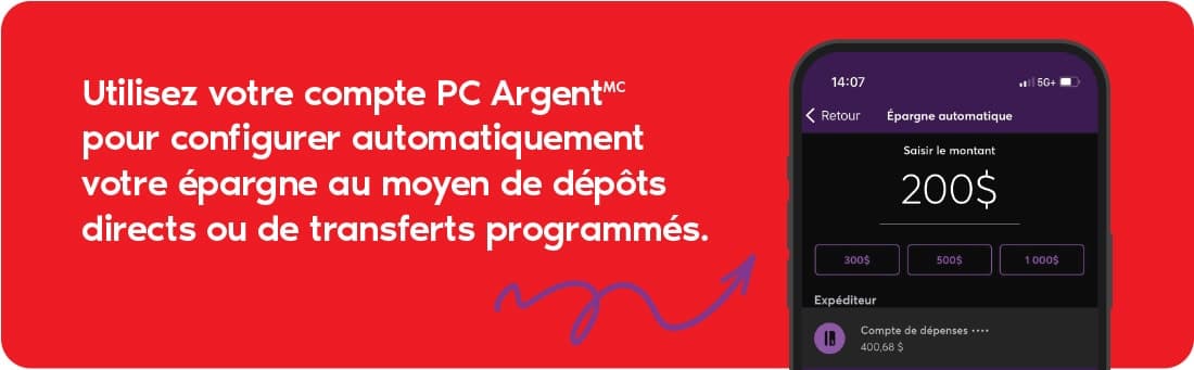 Utilisez votre compte PC ArgentMC pour configurer automatiquement votre épargne au moyen de dépôts directs ou de transferts programmés.  In-image Text for translation:  Épargne automatique  Entrer le montant  De  Achats