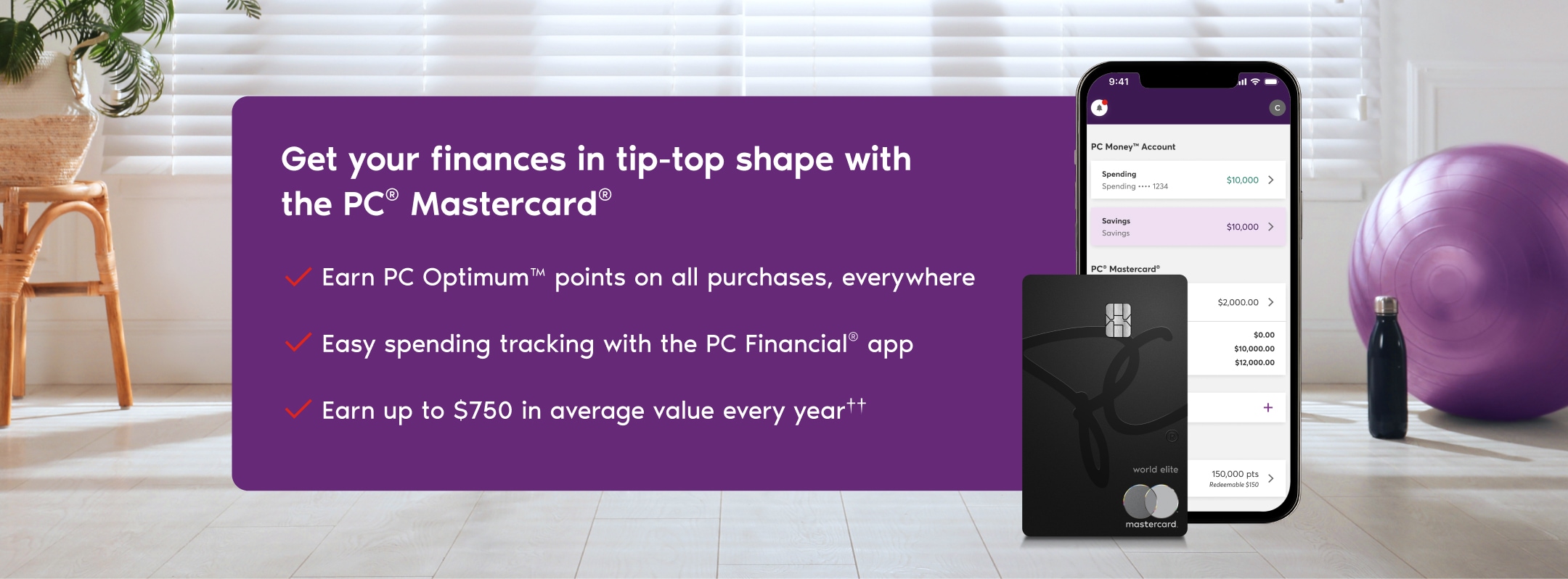 A PC Mastercard credit card and a mobile device displaying the PC Financial app next to gym equipment.