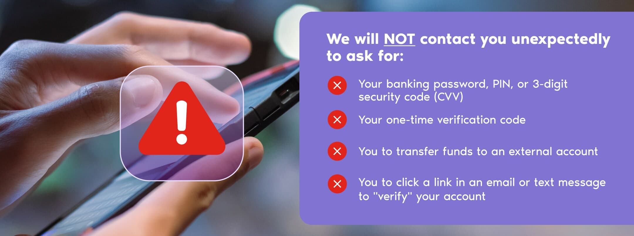 Mobile banking with a warning sign icon.