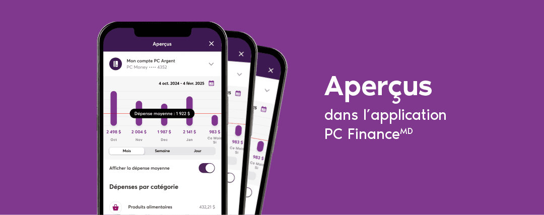 Trois applications mobiles faisant la démonstration de la fonctionnalité Aperçus de l’application PC Finance.