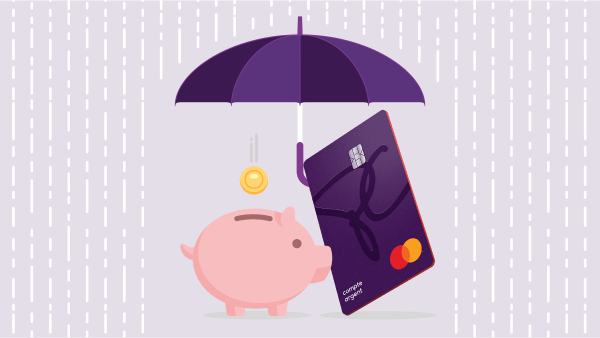 Image d’une carte de compte PC Argent tenant un parapluie au-dessus d’une tirelire un jour de pluie.