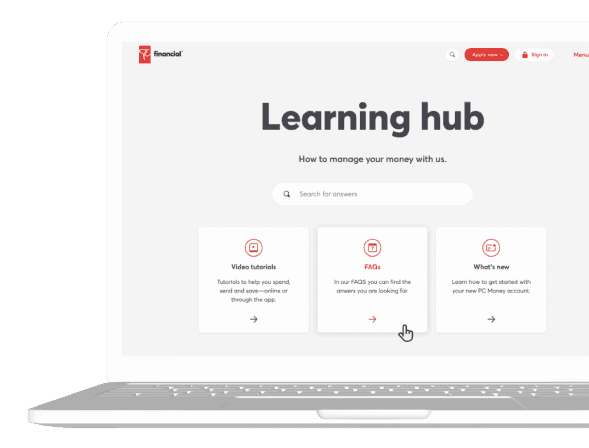 laptop with pc financial learning hub webpage on screen teaching users how to manage money