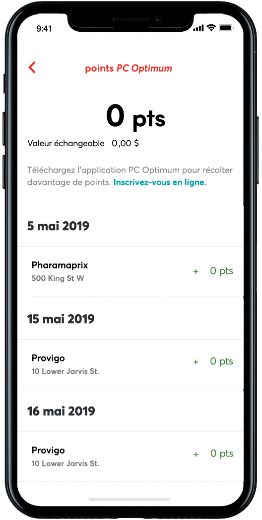 Smartphone with PC Financial online account showing PC Optimum points screen