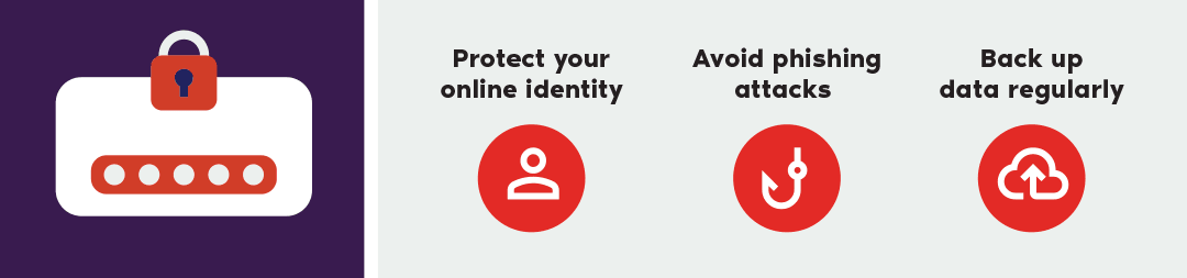 Three things you can do to keep safe are protect your online identity, avoid phishing attacks and back up your data regularly.