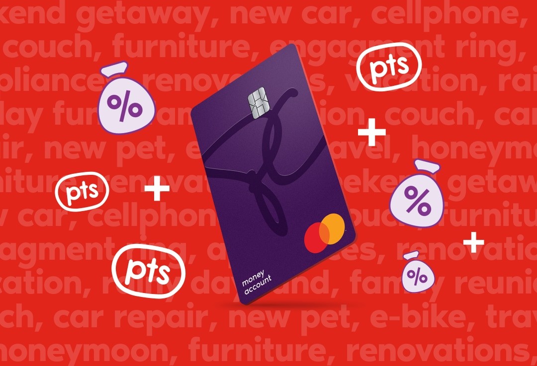 A PC Money Account card surrounded by animated money bags with percentage symbols inside and points pucks. 