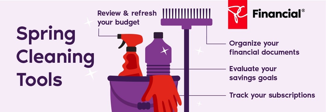 A mop bucket with each cleaning supply inside it representing a different financial tip.