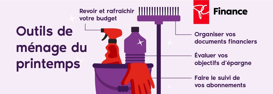 Un seau à vadrouille dans lequel chaque produit de nettoyage représente un conseil financier différent.