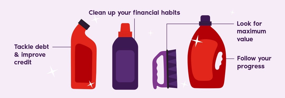 Cleaning supply inside it representing a different financial tip. 
