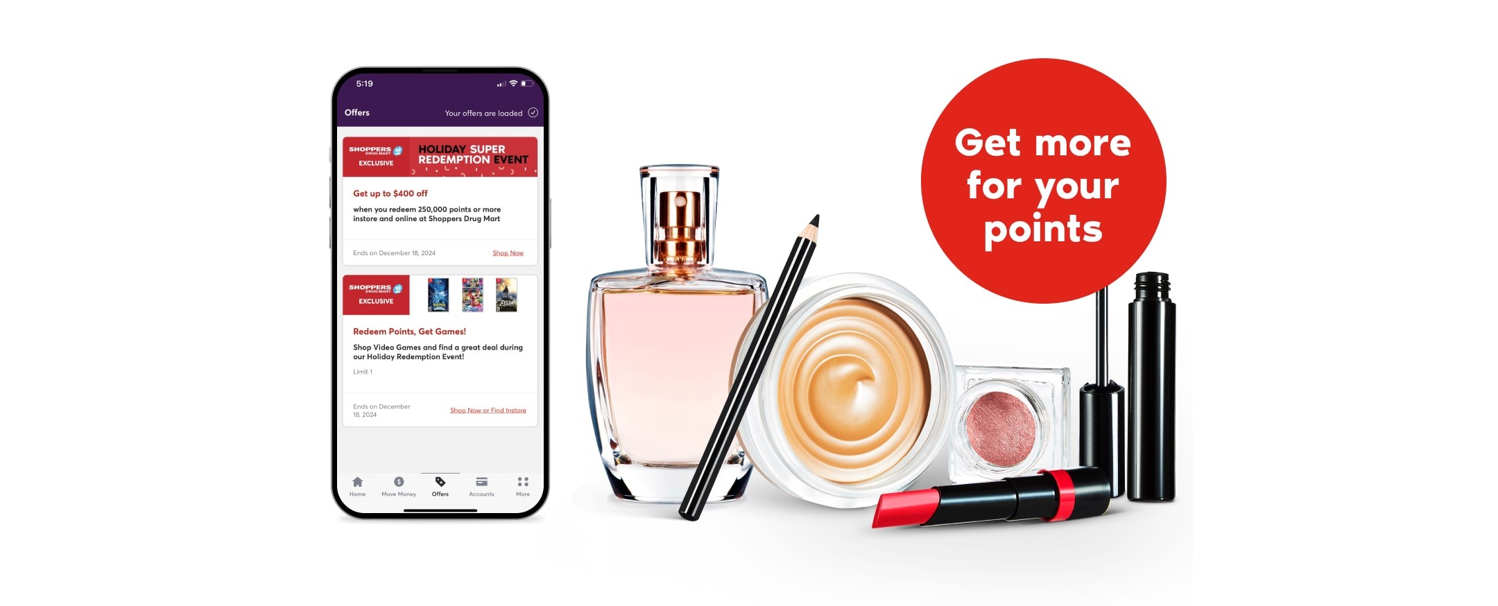A mobile device displaying the PC Financial® app next to an array of beauty products.