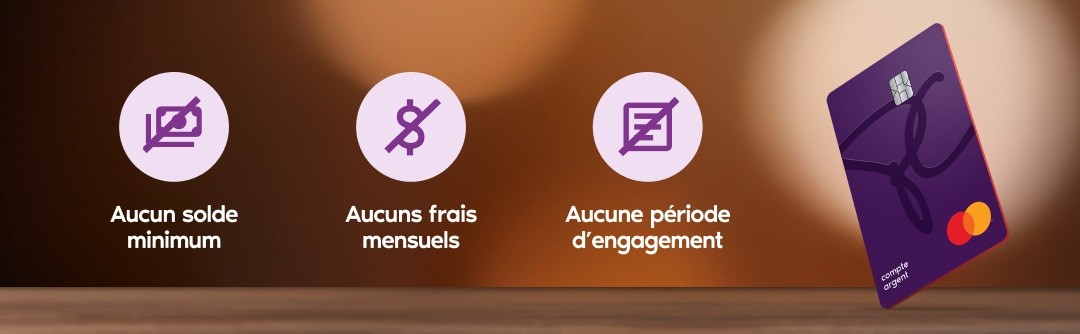 Aucun solde minimum, Aucuns frais mensuels, Aucune période d’engagement, Carte du compte PC ArgentMC.